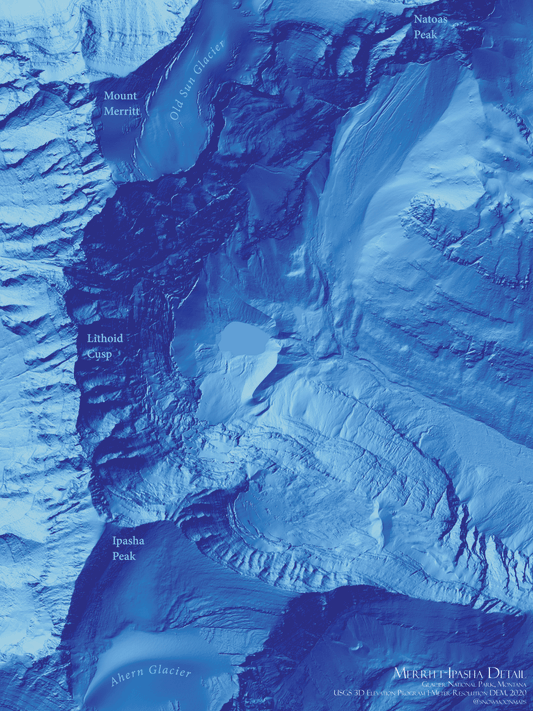 Glacier National Park Blue Terrain Series Digital Map- Merritt-Ipasha Detail